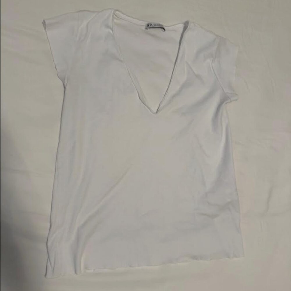 Zara White  Deep V Neck T-Shirt
